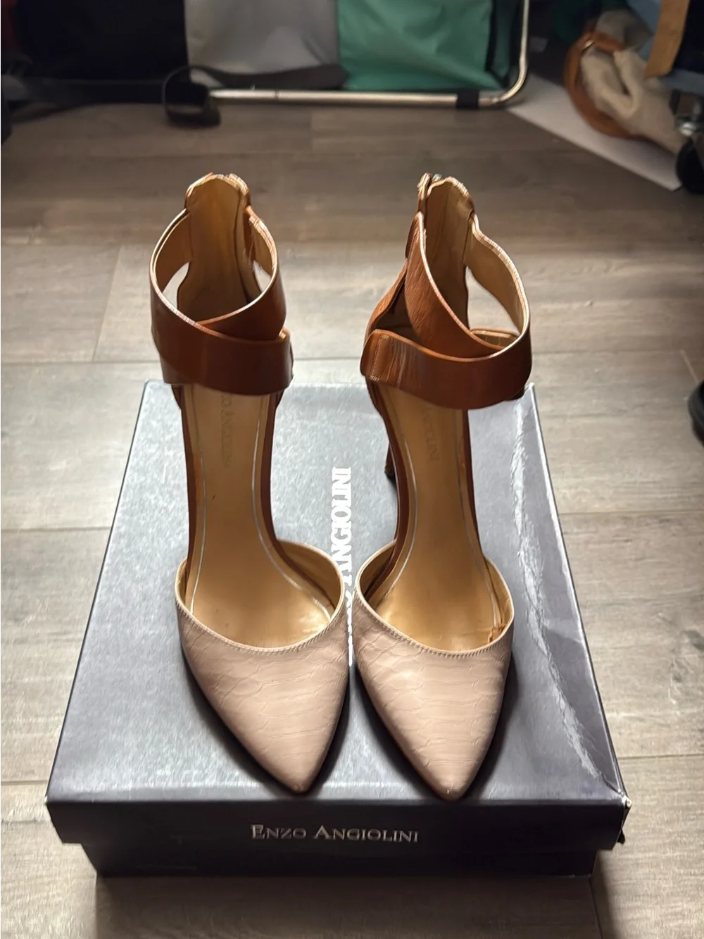 Enzo Angiolini Two-Tone Pointed Toe Ankle-Strap Heels - Brown & Blush